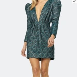 MISA Los Angeles Dress Mini Puff Long Sleeve Dress Metallic Embroidery V-Neck